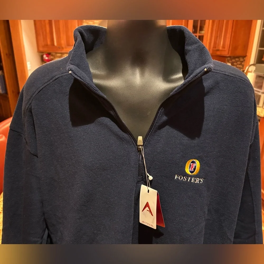 Antigua NWT men’s Fosters’ lager quarter zip pullover. Dark blue with logo. 2XL - Picture 2 of 8